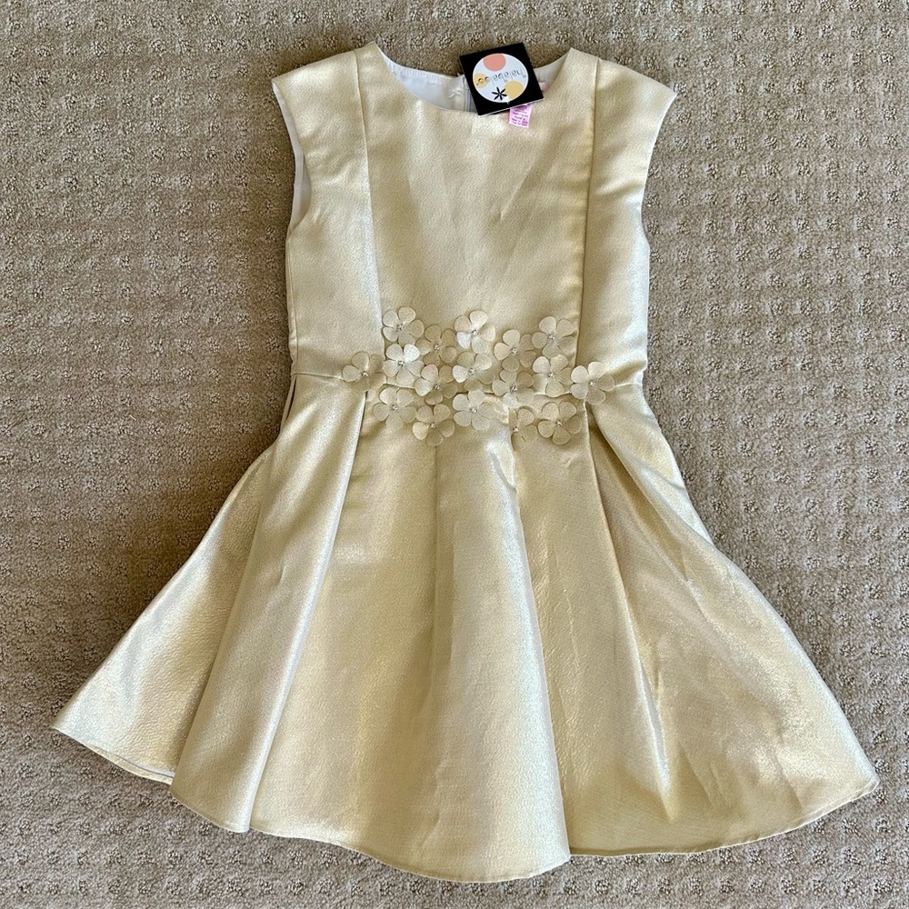 NWT Halabaloo Girls’ Metallic Gold Sleeveless Dress With Floral Appliqué, Size 8